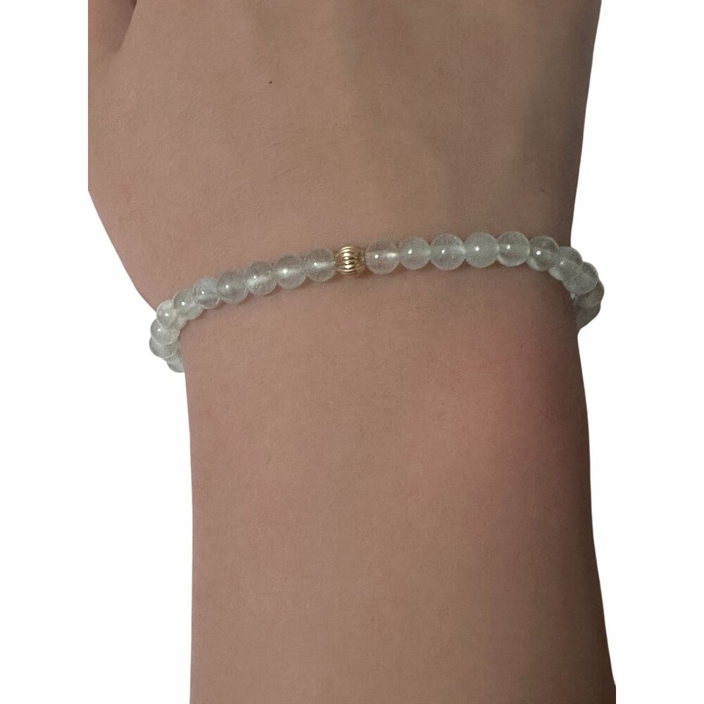 Gemstones Aquamarine Mini 4mm Stretchable Bracelet 14k Gold Bead Corrugated - Picture 3 of 6